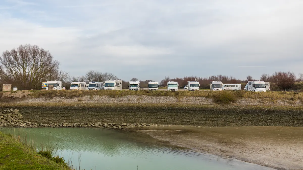 Motorhomes parked near the port of Le Crotoy in the Baie de Somme
