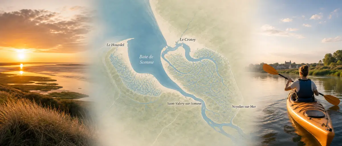 Carte illustrée de la Baie de Somme avec paysages de marais et kayak