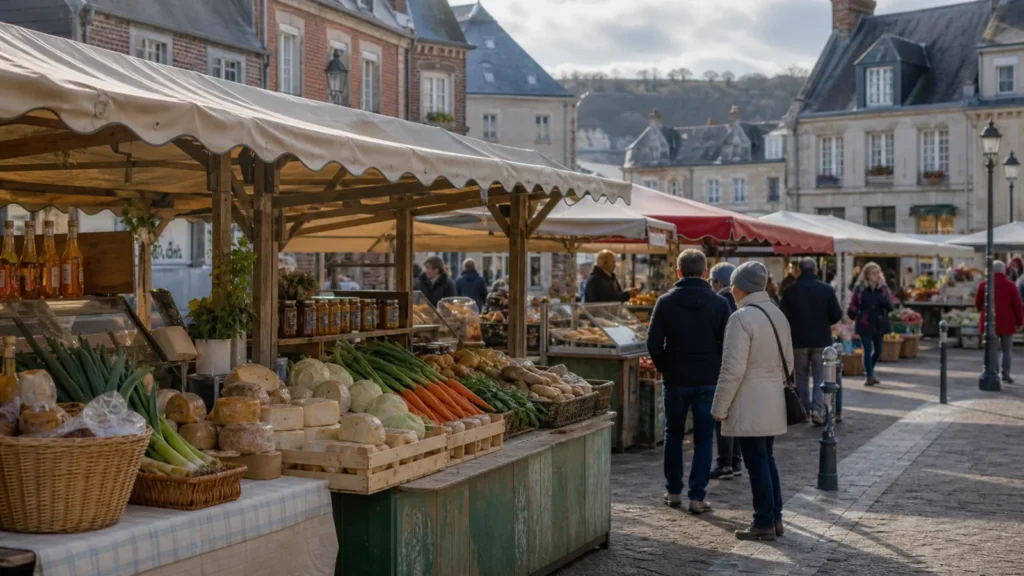 Étals de marché avec produits locaux en Baie de Somme