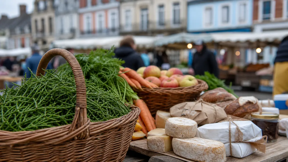 Panier de produits frais sur un marché en Baie de Somme