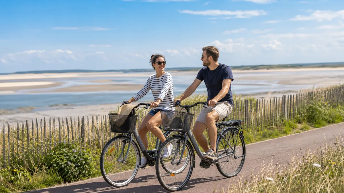 Deux cyclistes sur une piste en bord de baie, pour illustrer une sortie vélo en Baie de Somme