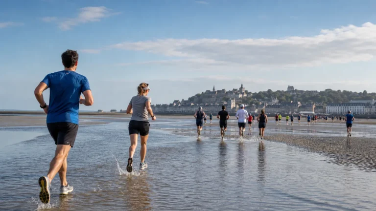 Runners crossing the Baie de Somme at low tide during a nature race